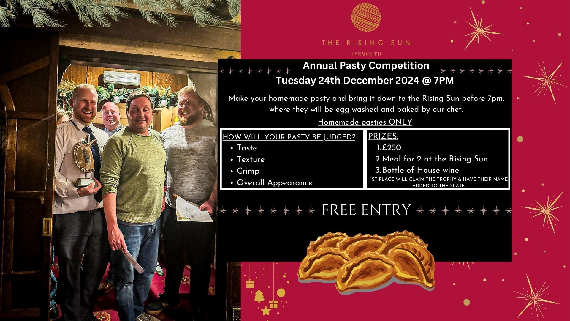 Annual pasty competition poster at The Rising Sun on Tuesday 24th December 2024, at 7pm.