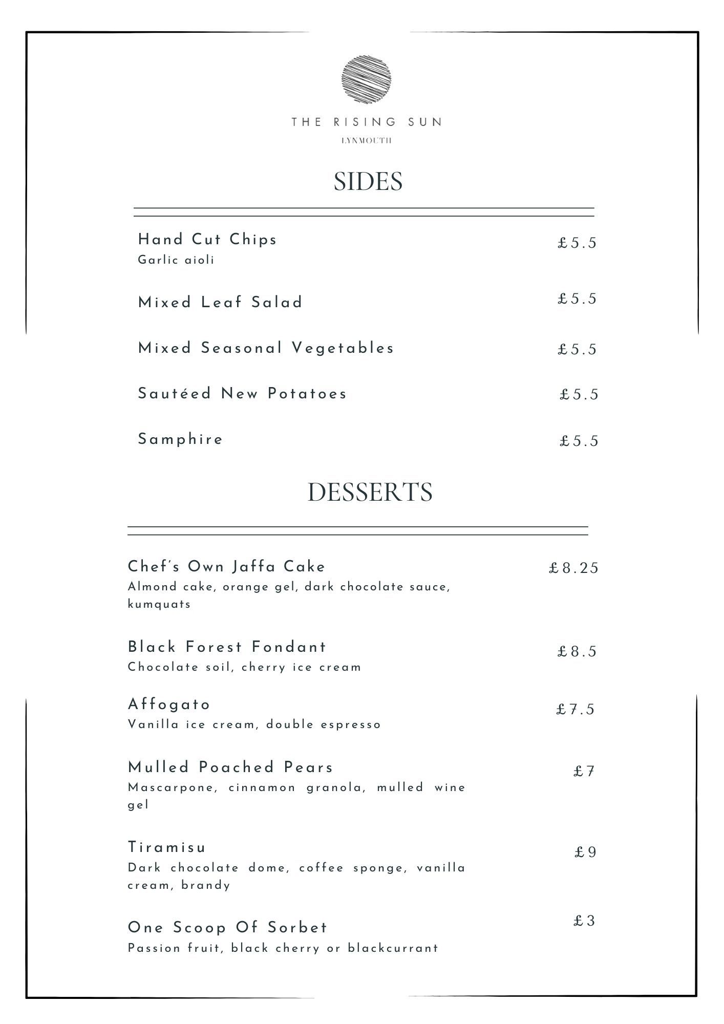 The Rising Sun Sides and Desserts menu.