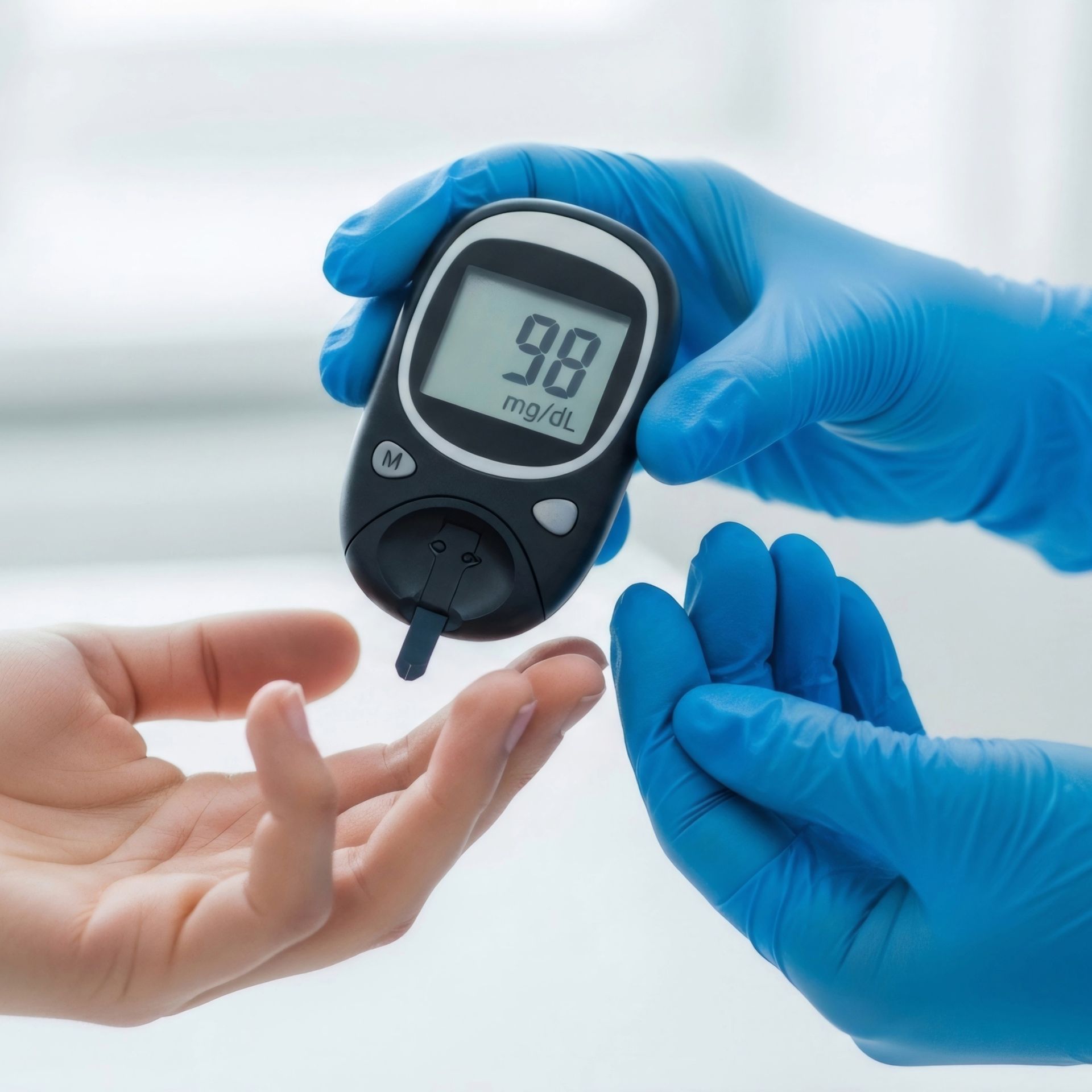 Person's finger pricked for blood glucose test; device displays 98 mg/dL, blue gloved hands.