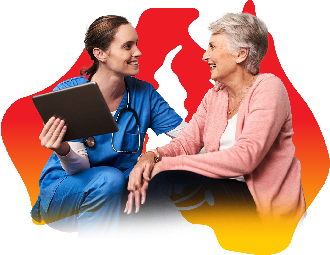Nurse in blue scrubs with tablet, smiling at an older patient. Australian map outline in background.