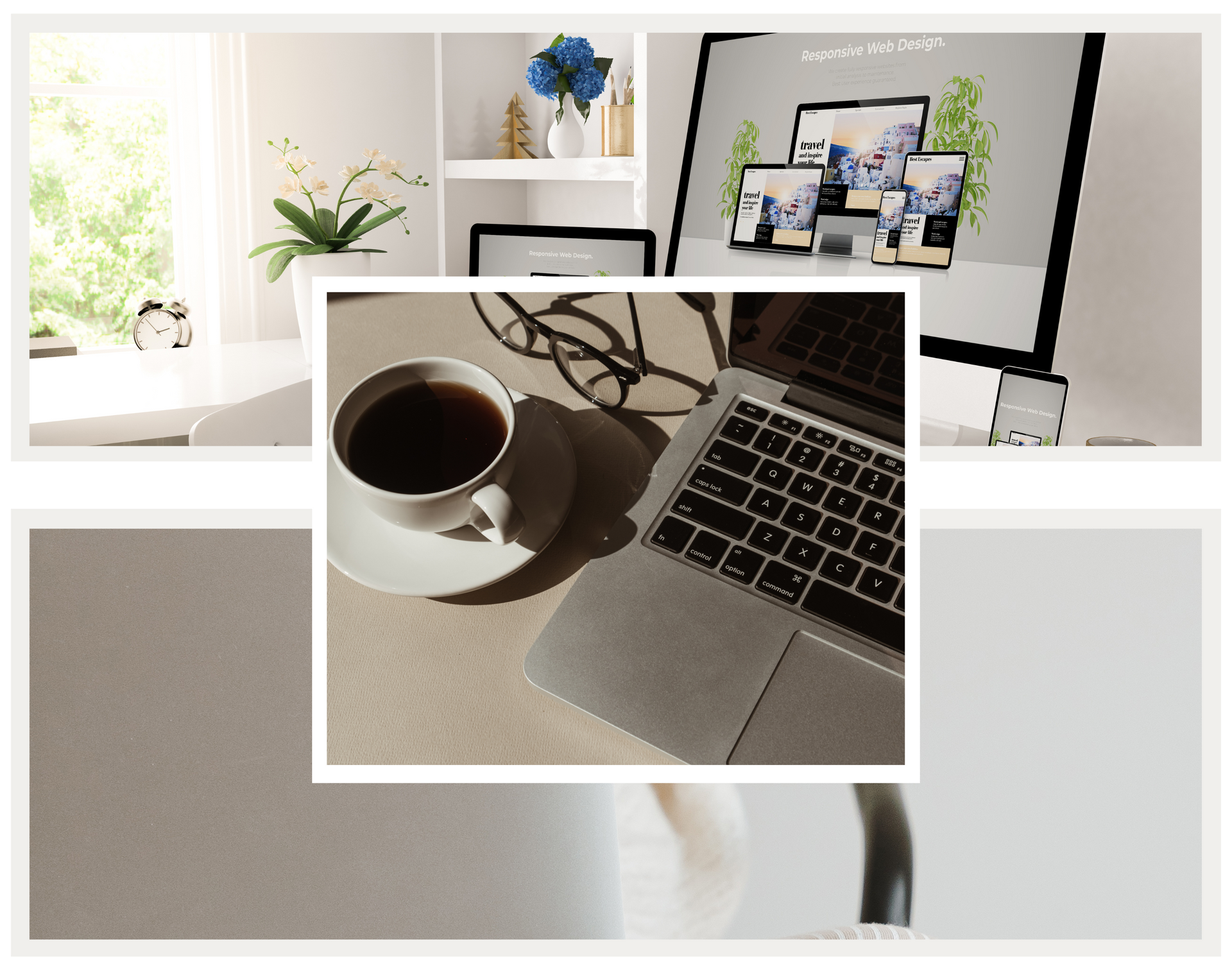 Laptop with coffee cup on desk, other devices in background.