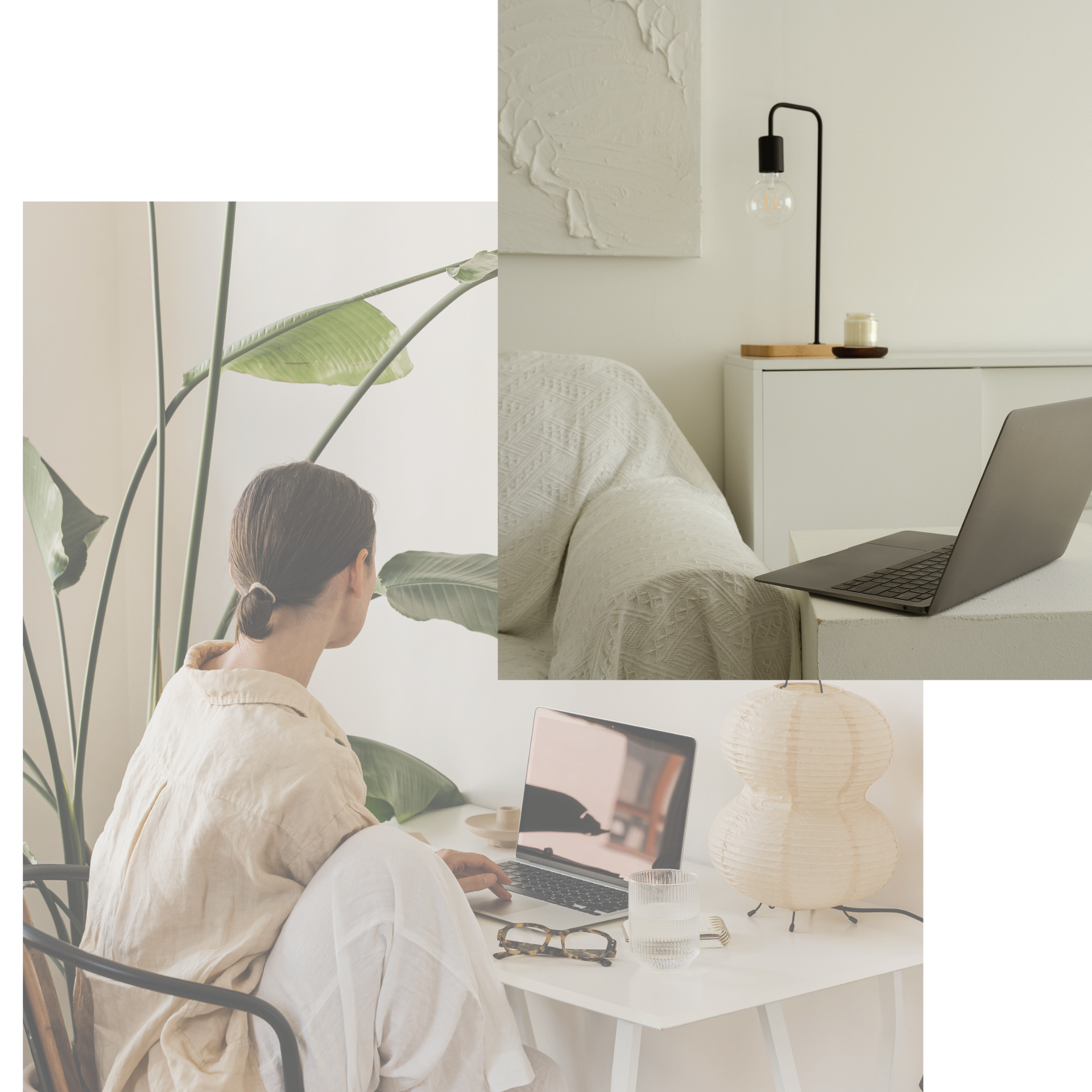 Woman working on a laptop at a white desk in a light-filled room with a couch and plants.