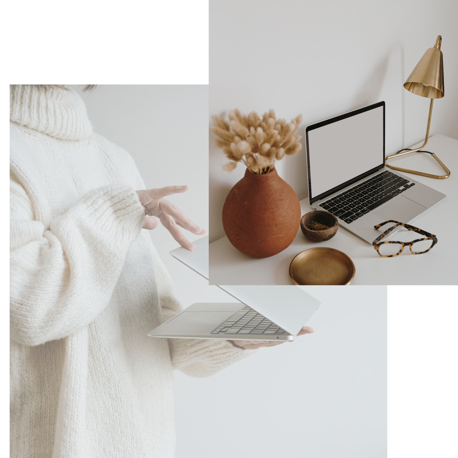 Person holding a laptop, near a desk with a laptop, dried flowers in a vase, and glasses.