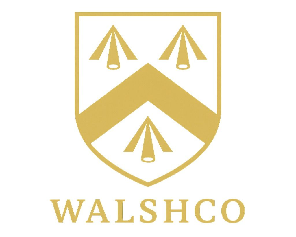 Gold crest with three stylized arrows above and below a diagonal band, "WALSHCO" below.