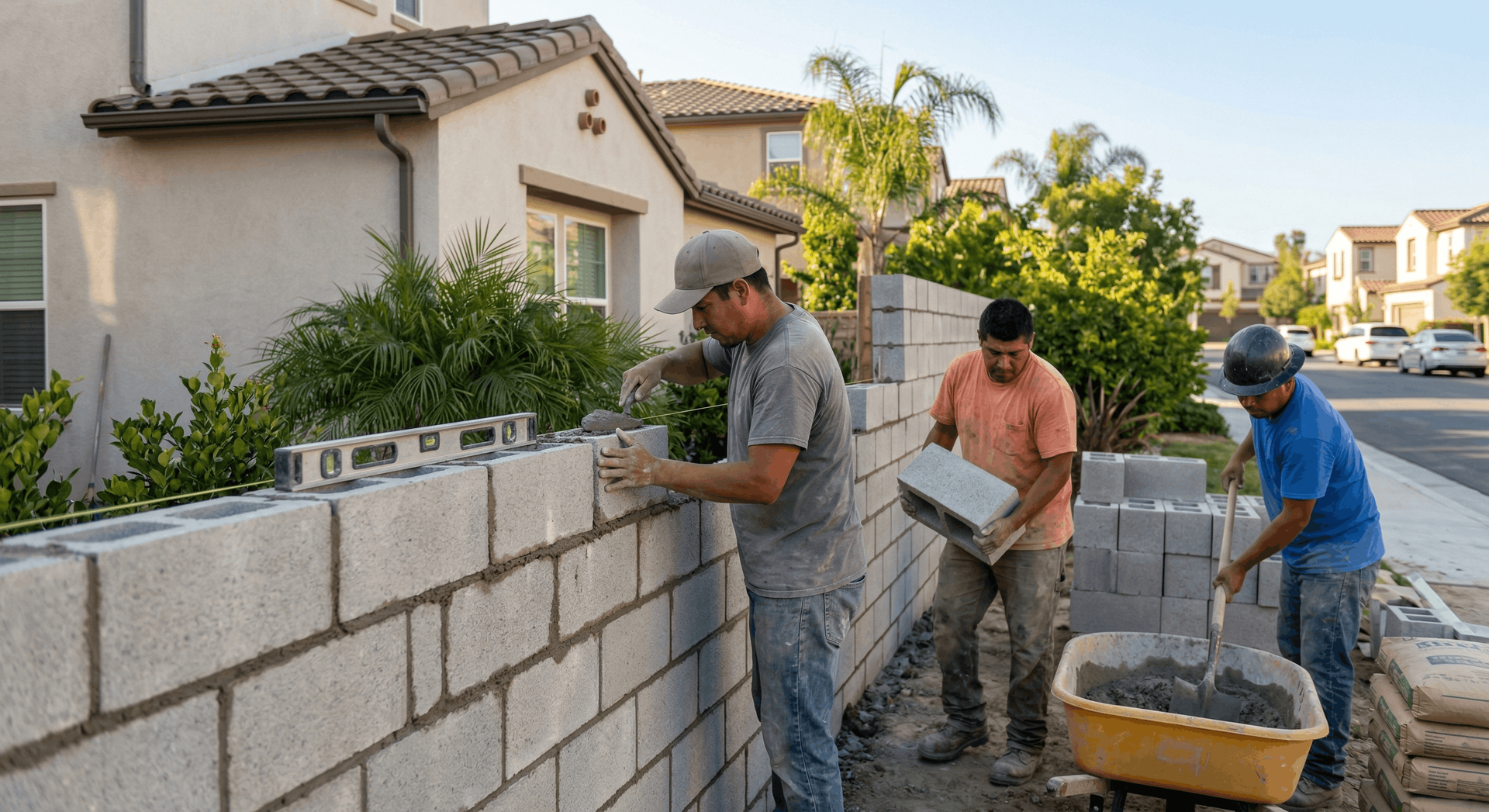 Masonry crew installing a residential concrete block wall beside a home.