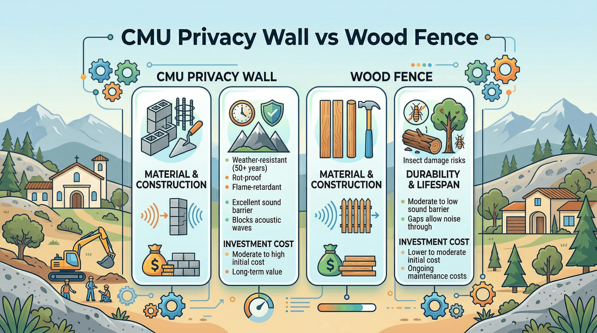 Infographic comparing a CMU privacy wall vs. a wood fence.