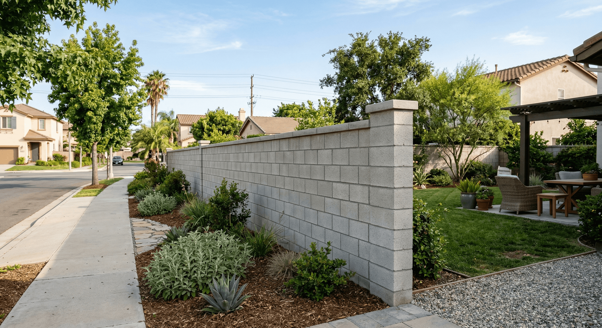 CMU privacy wall with pilasters along a landscaped residential yard.