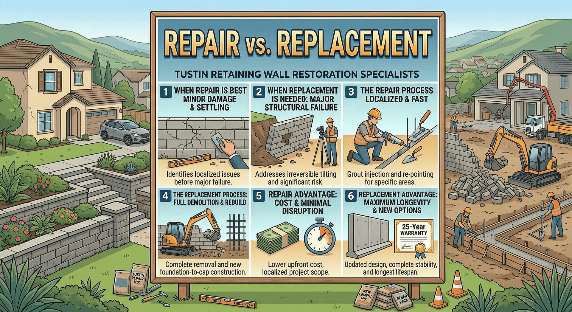 Infographic comparing retaining wall repair vs. replacement.