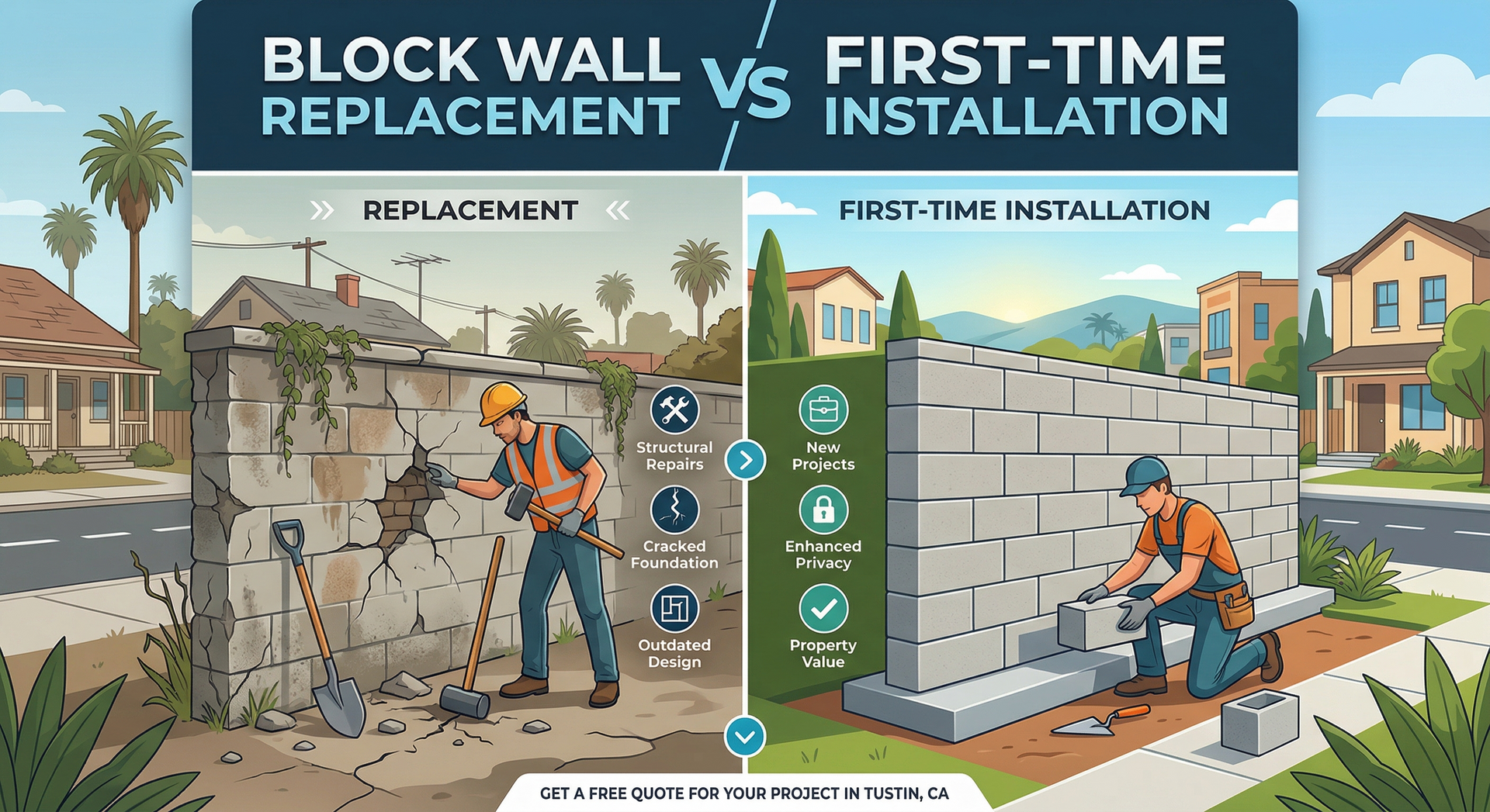 Infographic comparing block wall replacement and first-time installation in Tustin, CA.