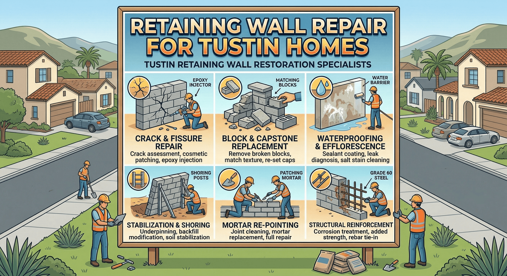 Infographic for retaining wall repair showing crack repair, block and capstone replacement, etc.
