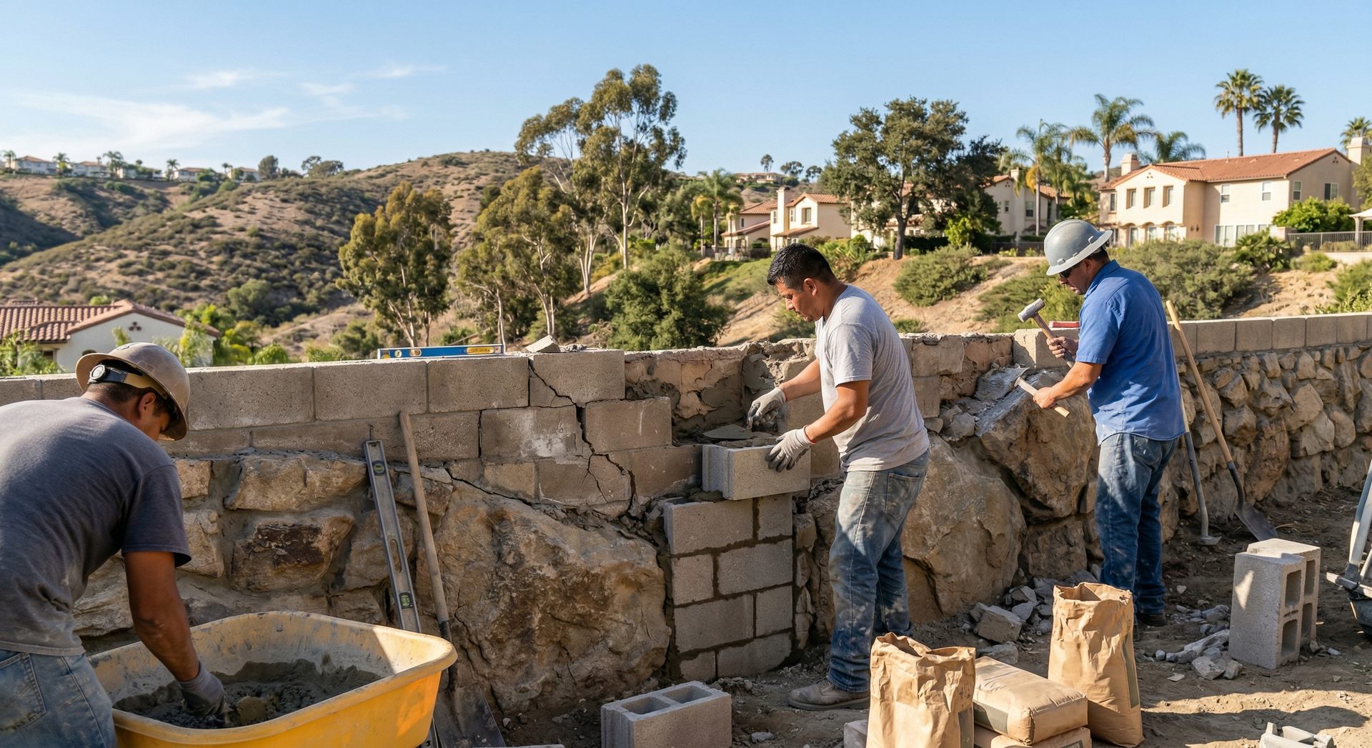 Workers repairing a damaged hillside retaining wall with concrete blocks and stone facing at a residential property.