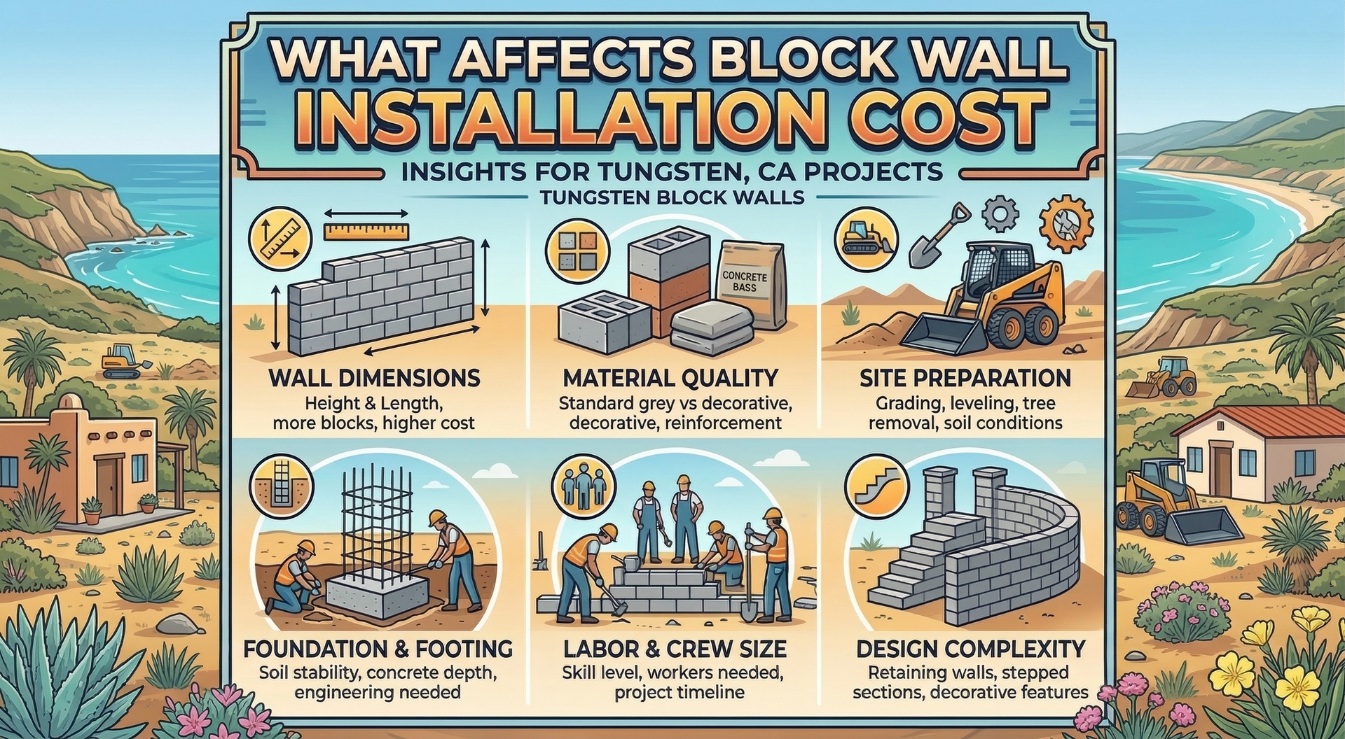 Infographic showing factors that affect block wall installation cost.