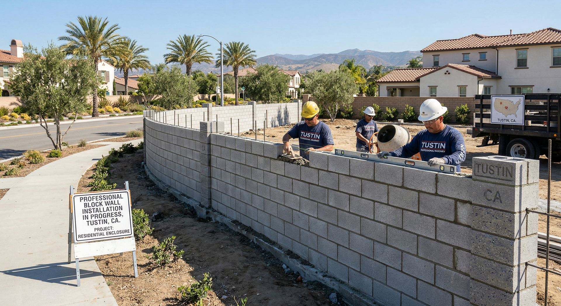 Block wall installation in progress with masonry workers building a curved concrete block wall along a neighborhood street.
