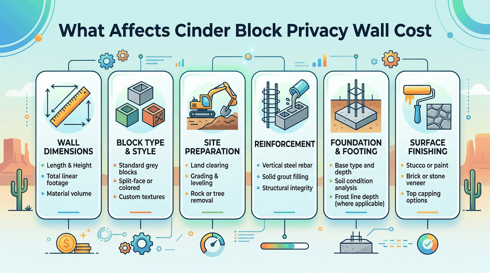 Infographic explaining cinder block privacy wall cost factors.