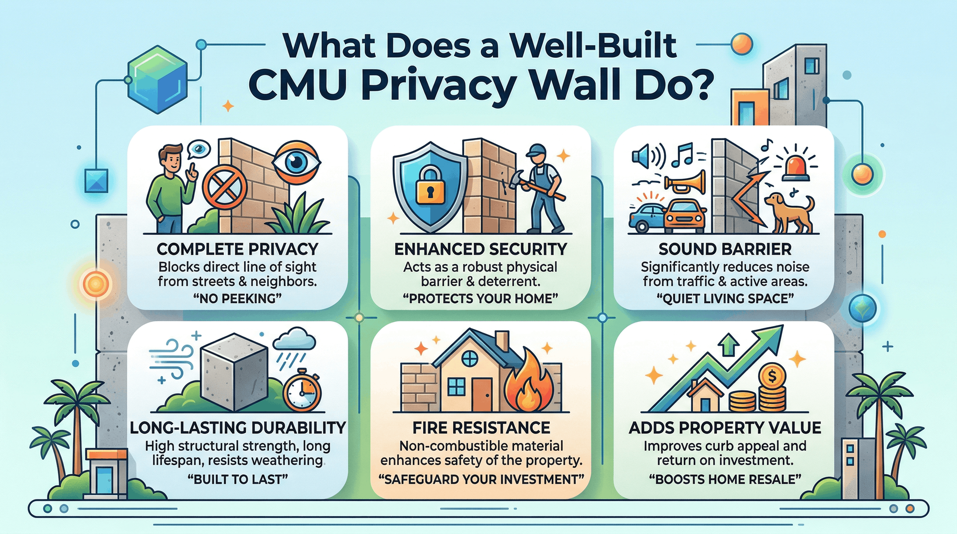 Infographic showing what a well-built CMU privacy wall does, including privacy, security, and noise reduction.