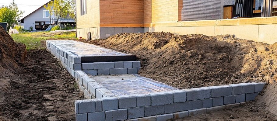 Construction site: pathway under construction with gray block retaining walls. Earth mound. Building in background.