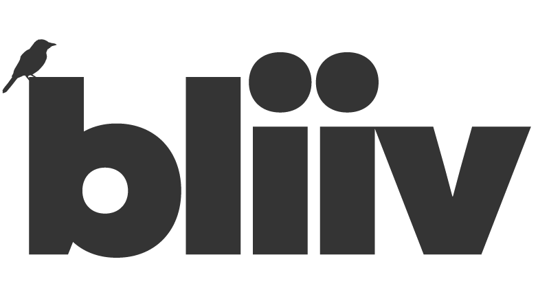 Um logotipo preto e branco para bliiv com um pássaro nele.