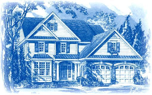 A blue and white drawing of a house with trees in the background.