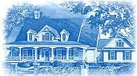A blue and white drawing of a house with a large porch.