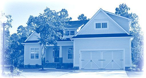 A blue and white photo of a house with two garage doors