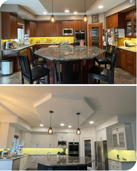 Two pictures of a kitchen before and after being remodeled.