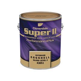 A can of Cloverdale Super II interior eggshell gloss level 2 paint.