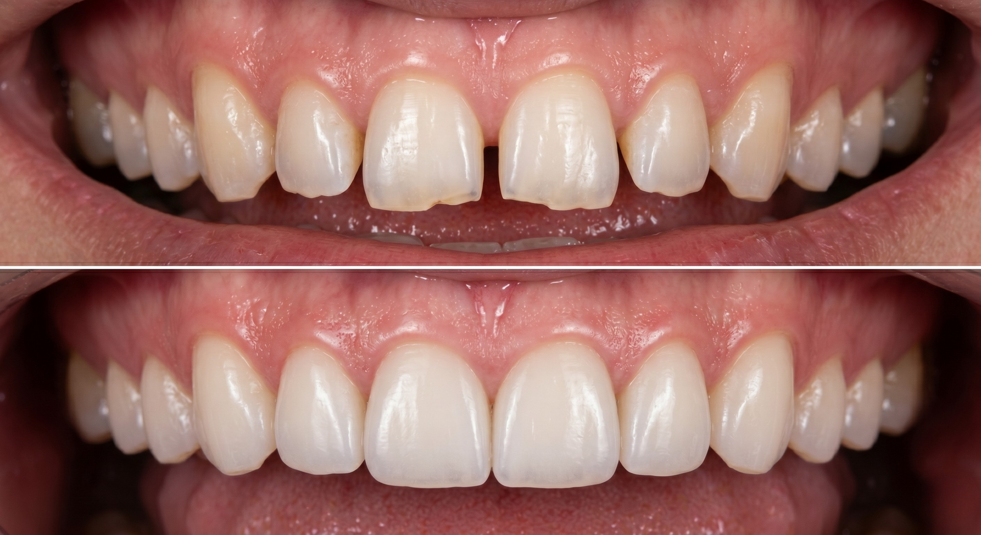 Edge bonding før og etter — naturlig smile design resultat hos Tannlegene på Sinsen