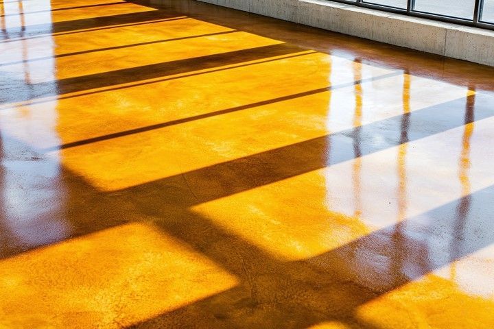 The sun shines through the windows on a shiny concrete floor.