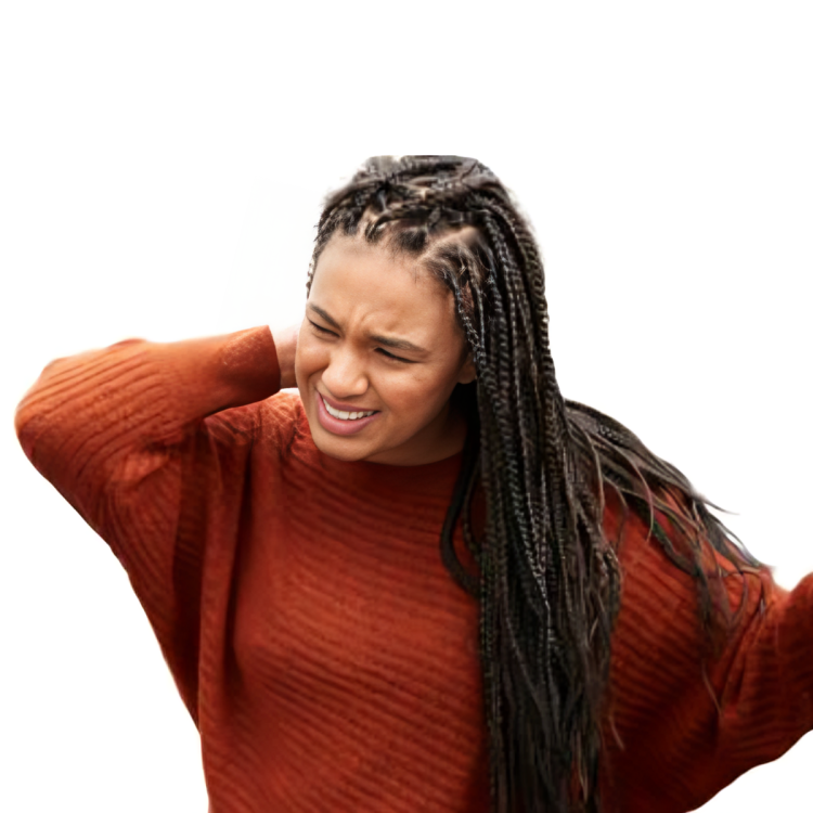 A woman with braids is wearing an orange sweater