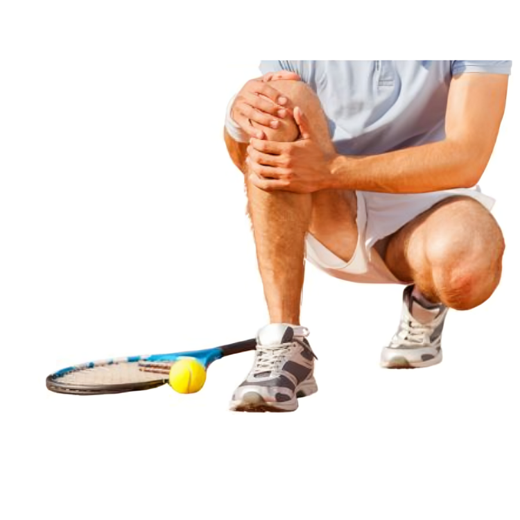 A man kneels next to a tennis racquet and a tennis ball