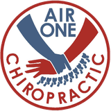 A logo for air one chiropractic shows a hand pointing at the spine