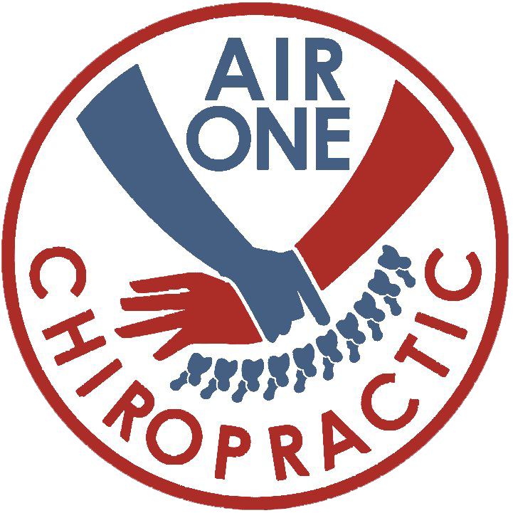 A logo for air one chiropractic shows a hand pointing at the spine