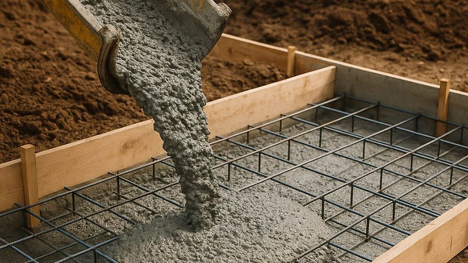 Wet concrete pouring from a chute into a metal rebar frame.