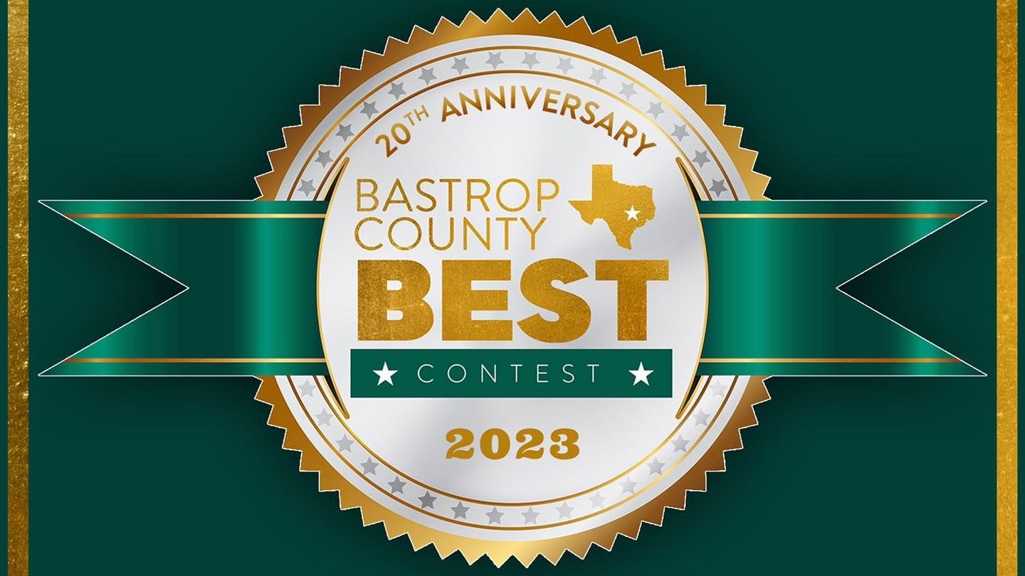 Bastrop County Best Contest logo: 20th anniversary with Texas outline.=