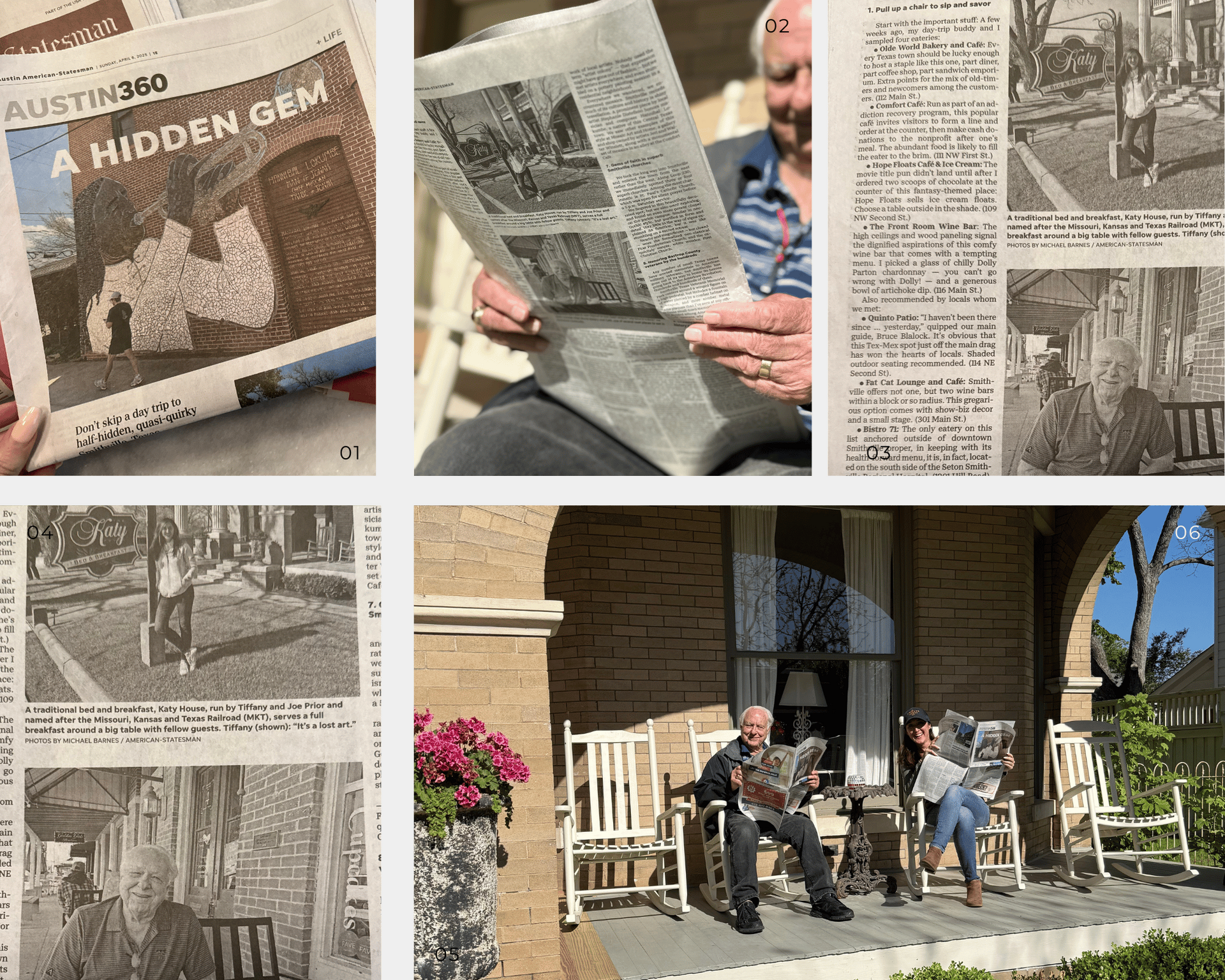 A man is reading a Austin newspaper where the katy house was featured while sitting on the front porch in a rocking chair.