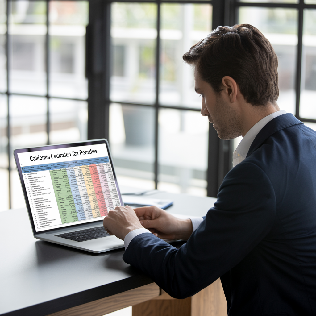 A man in a suit is sitting at a table using a laptop computer.