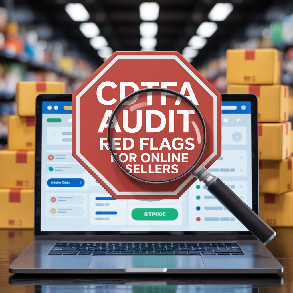 A laptop with a magnifying glass and a stop sign that says cdtea audit red flags for online sellers