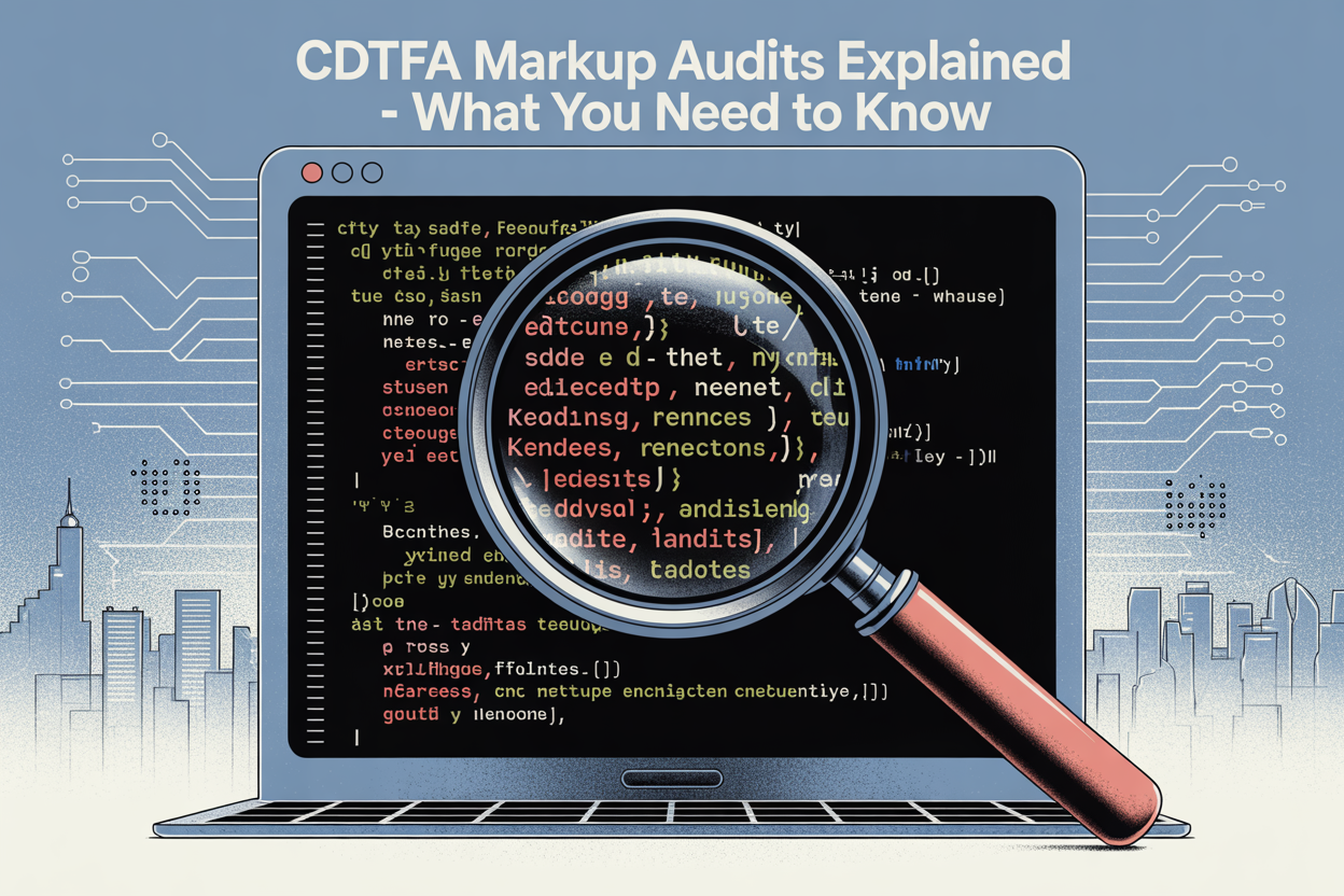 Laptop with code under a magnifying glass, “CDTFA Markup Audits Explained - What You Need to Know” headline.