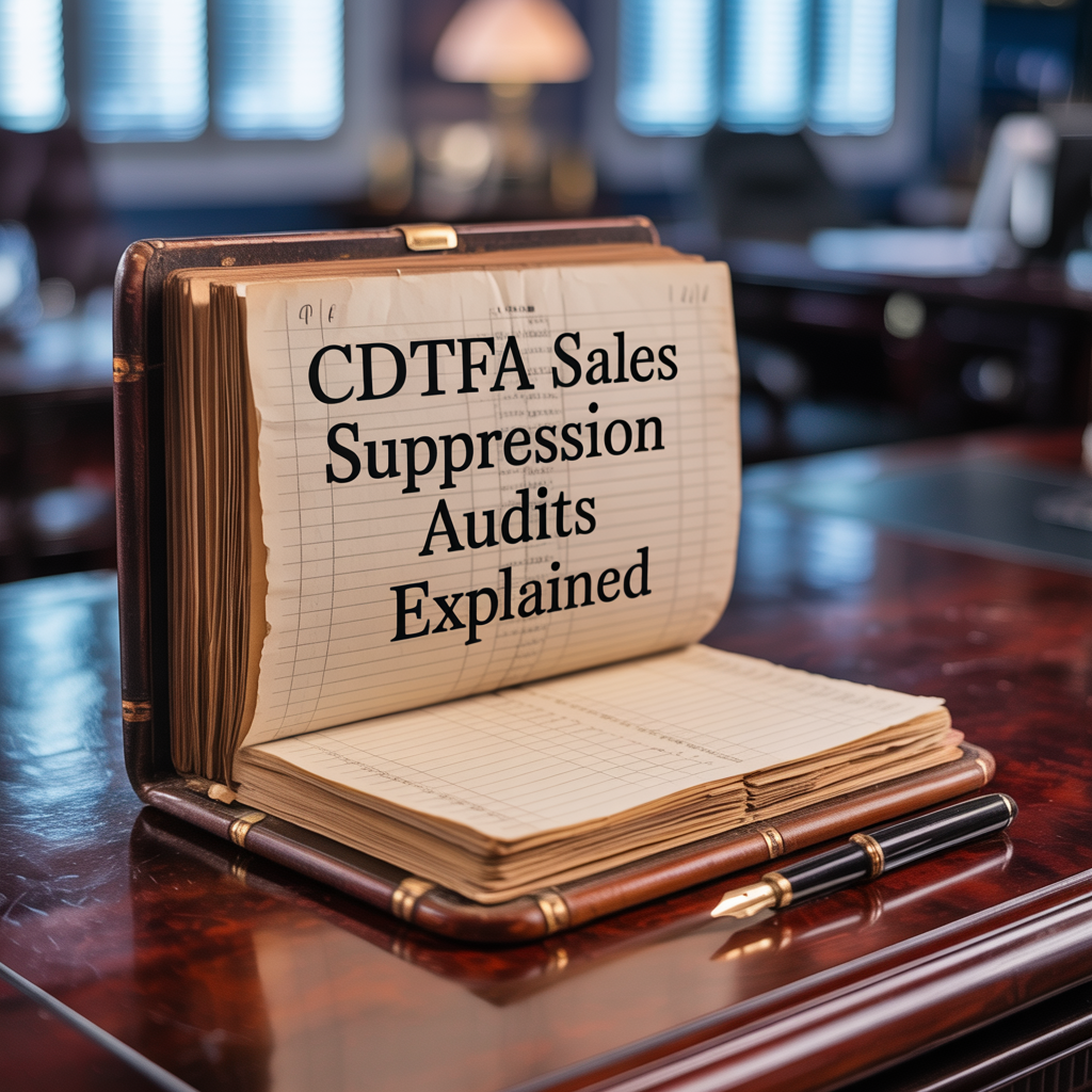 A book is open to a page that says cdtfa sales suppression audits explained