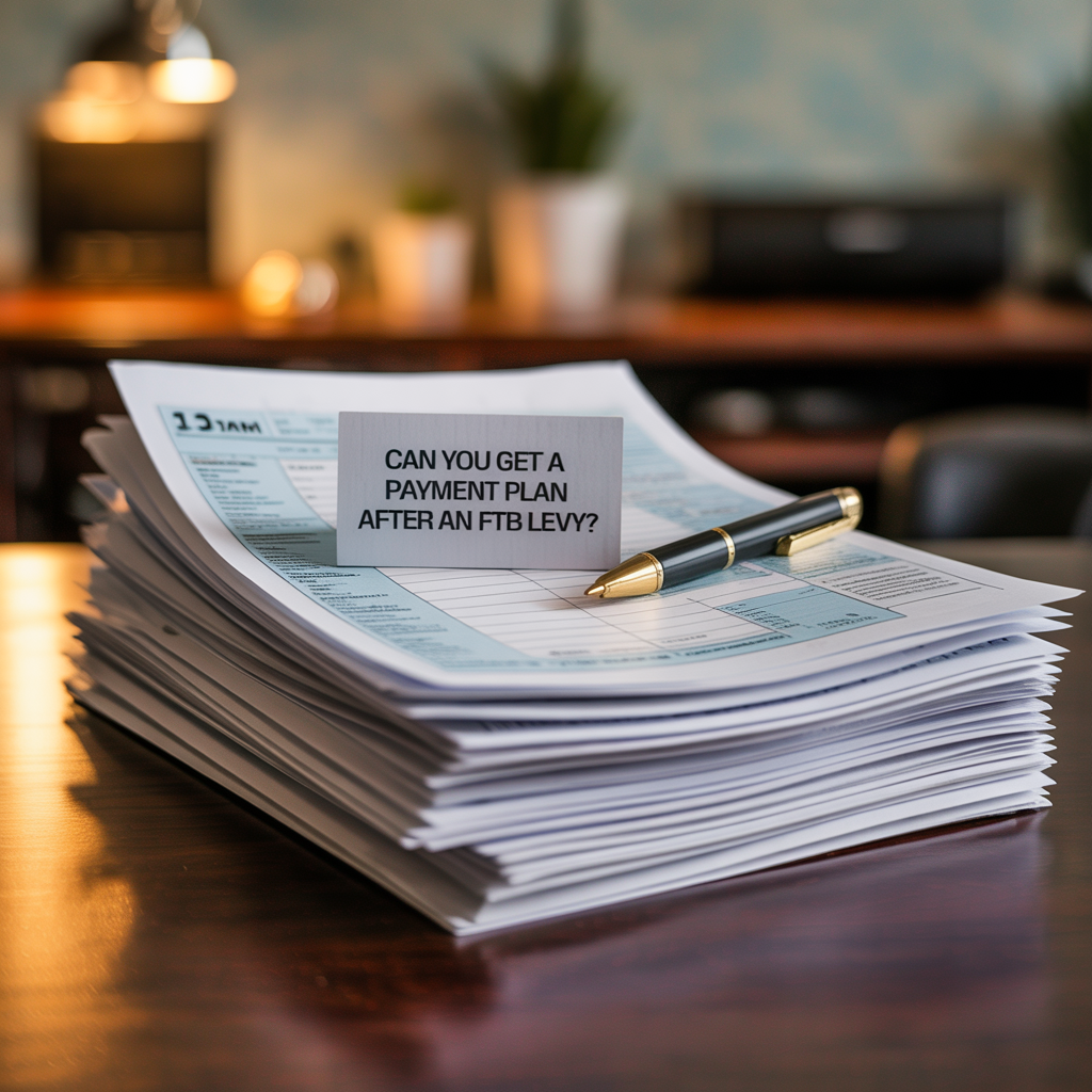 A stack of papers with a card that says can you get a payment plan after an ftr levy