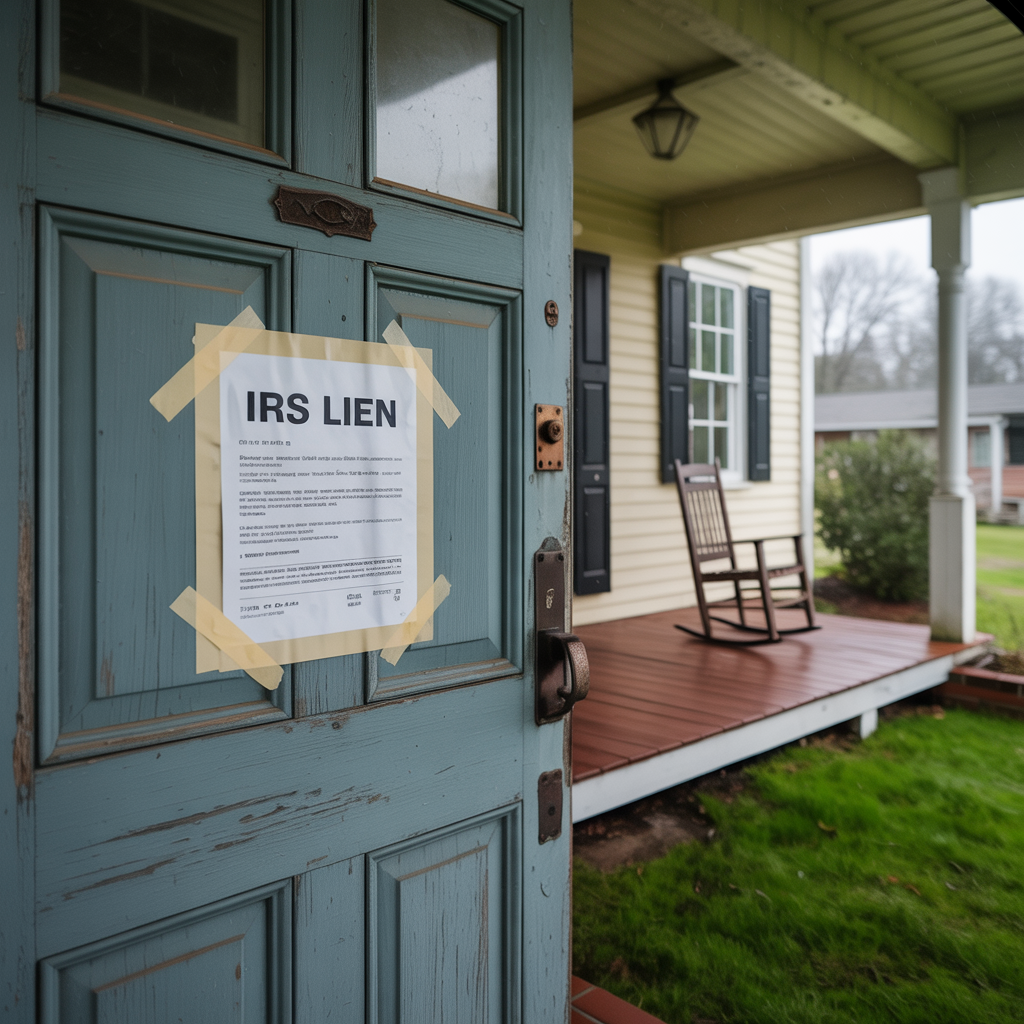 A blue door with a paper taped to it that says irs lien