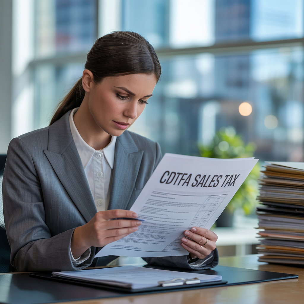 A woman is sitting at a desk holding a piece of paper that says cotta sales tax.