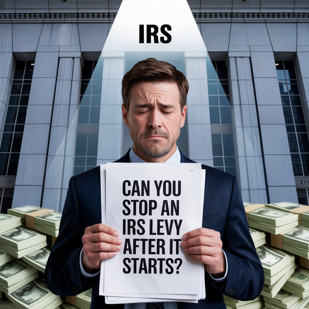 A man is holding a sign that says can you stop an irs levy after it starts