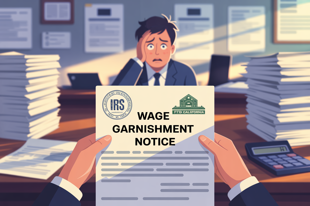 A man is sitting at a desk holding a wage garnishment notice.