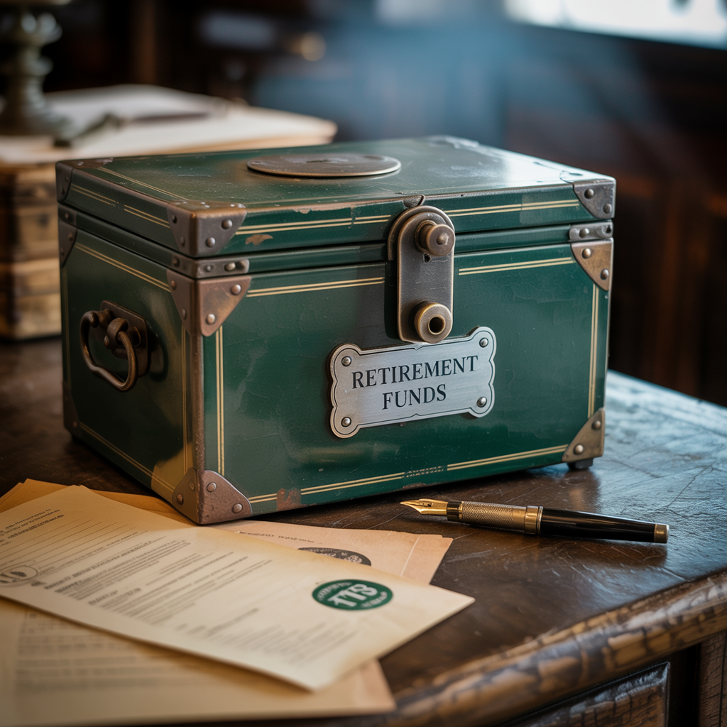 A green box that says retirement funds is sitting on a wooden table.