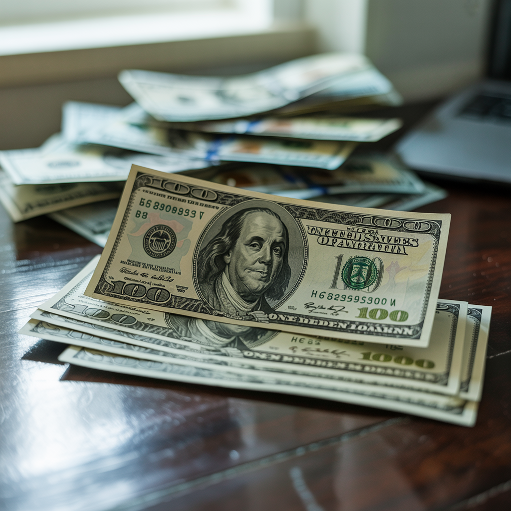 A stack of 100 dollar bills on a table
