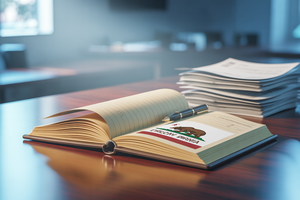 An open book with a california flag on it is on a table next to a stack of papers.