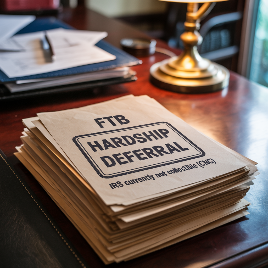 A stack of ftb hardship deferral papers on a desk