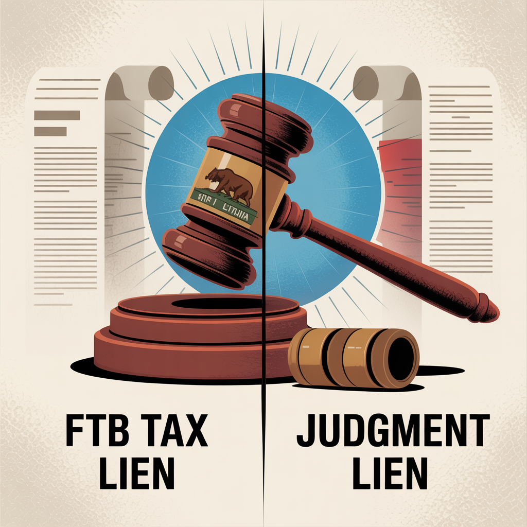 An illustration of a judge 's gavel with the words ftb tax lien and judgment lien