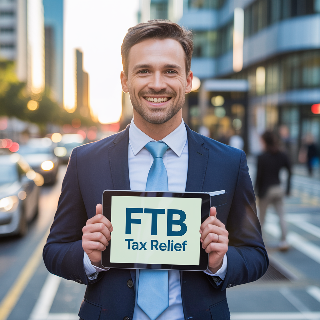 A man in a suit and tie is holding a sign that says ftb tax relief